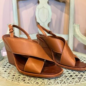 Tory Burch Logo Gabrielle Wedge Sandals Brown Leather Slingback Shoes Womens 8